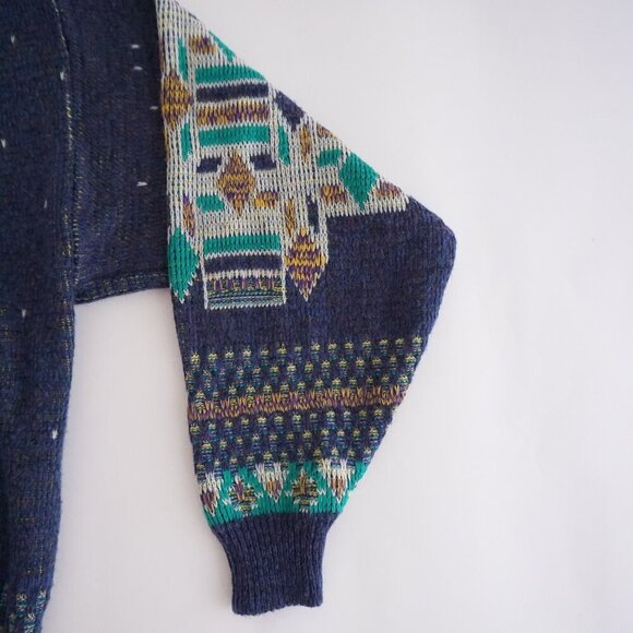 VTG '80s Koman Blue Green Biggie Cosby Eclectic Grandpa Crewneck Knit Sweater XL - Picture 10 of 10